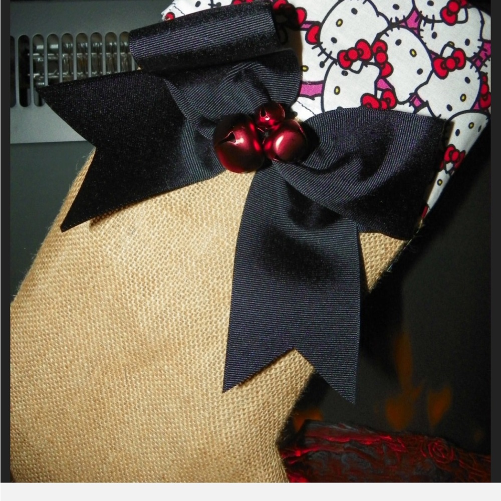 Hello Kitty Burlap Christmas Stocking  with Ribbon and Christmas Bells